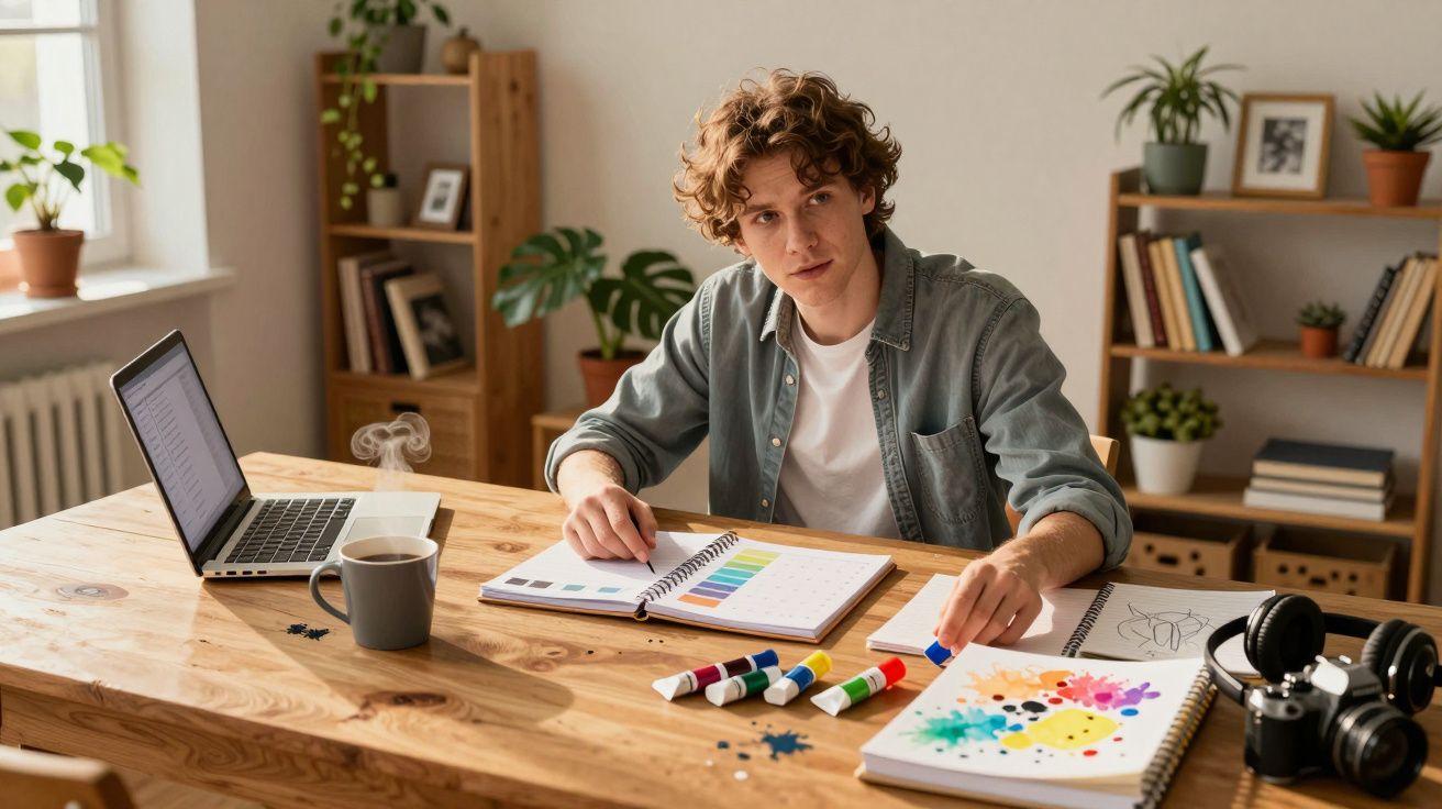 Jovem sentado a pintar com marcadores coloridos na mesa, rodeado de cadernos, computador e plantas.