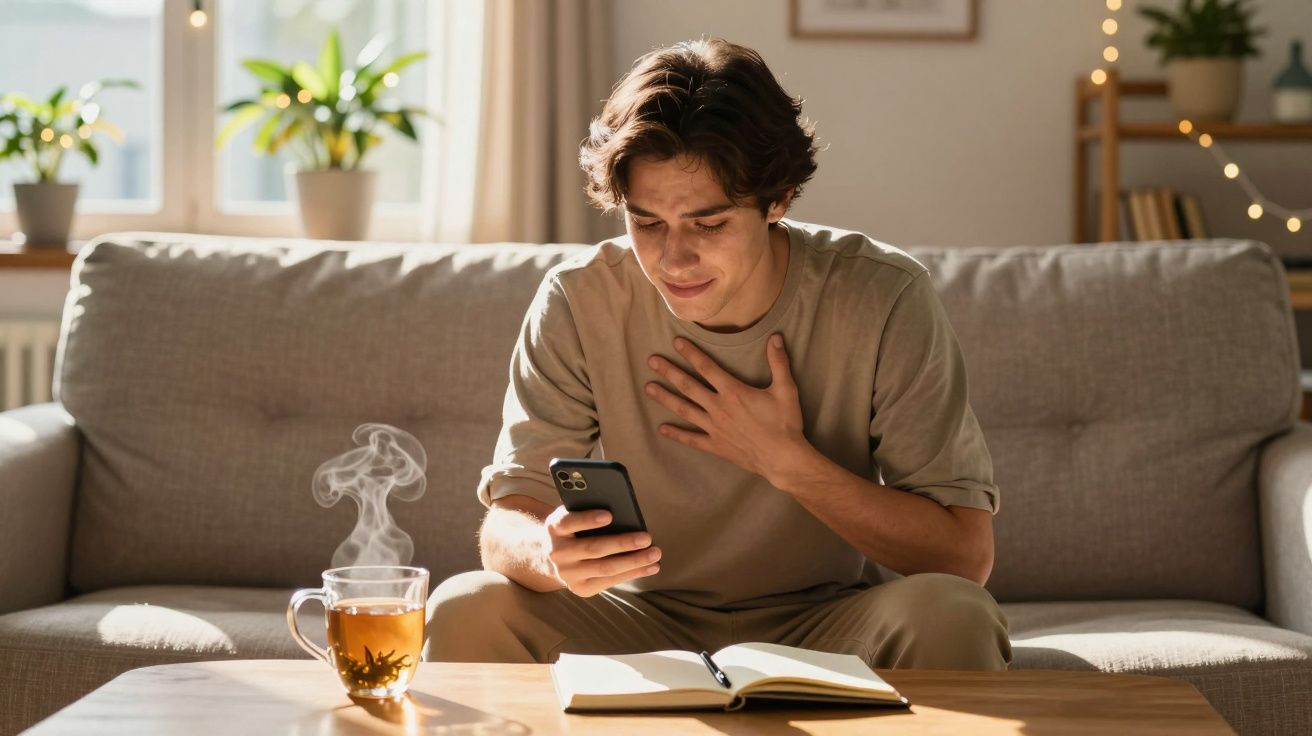 Jovem sentado no sofá com olhar preocupado, a segurar telefone e a tocar no peito, com chá e caderno à frente.