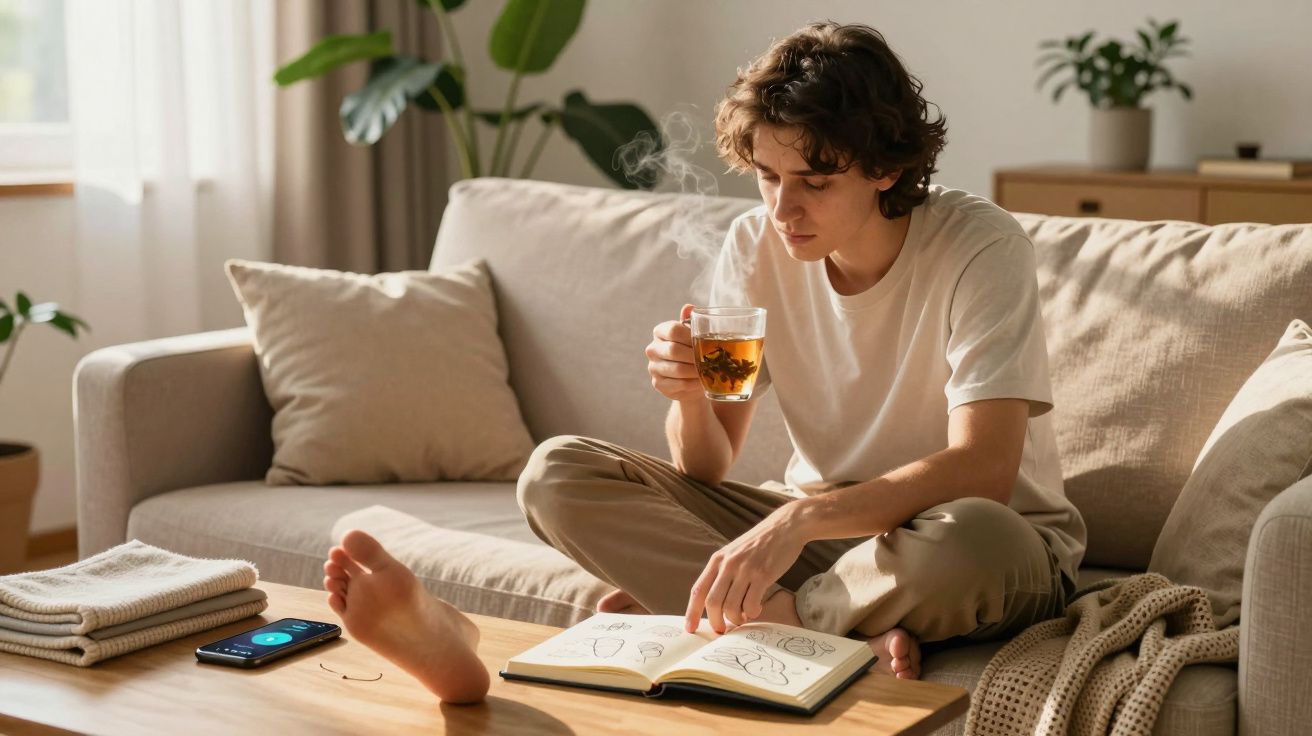 Pessoa sentada no sofá a beber chá quente e a olhar para um caderno de desenhos numa sala iluminada.