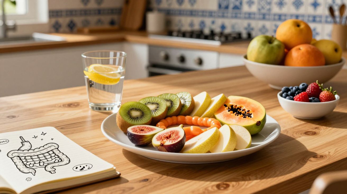 Prato com várias frutas cortadas, copo de água com limão e tigela de bagas numa cozinha iluminada.