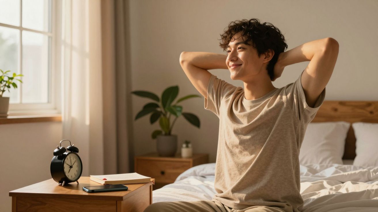 Jovem sentado na cama a espreguiçar-se, com luz natural e despertador numa mesa ao lado.