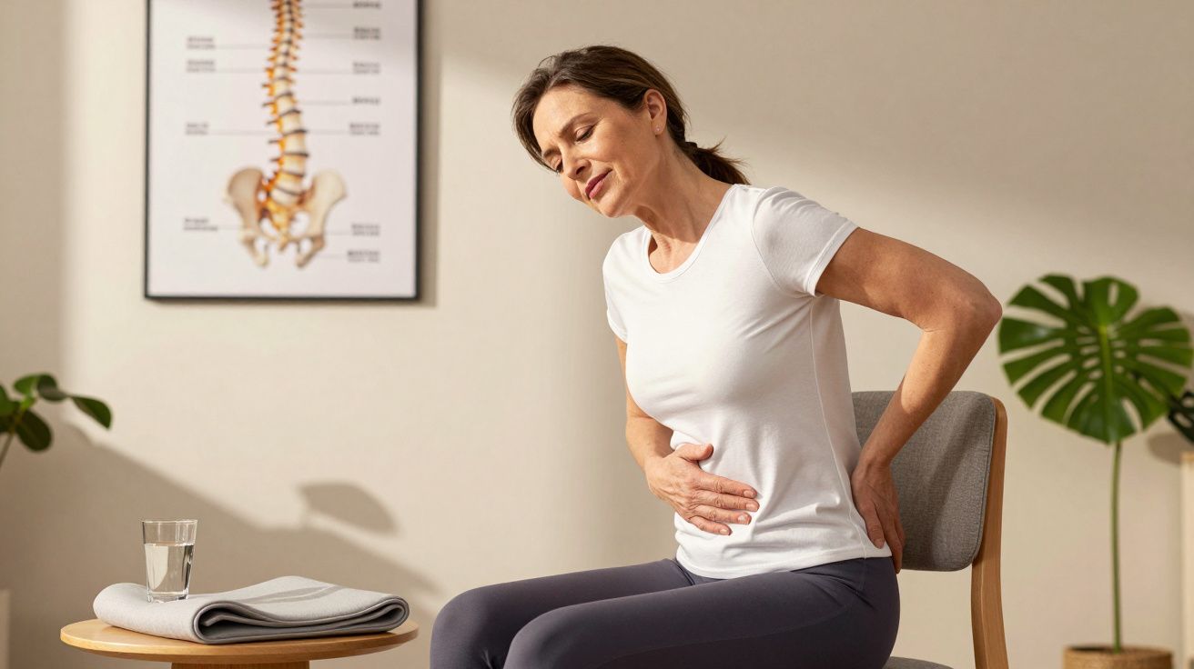Mulher sentada com expressão de dor a tocar a barriga e costas, ao lado de mesa com copo de água.