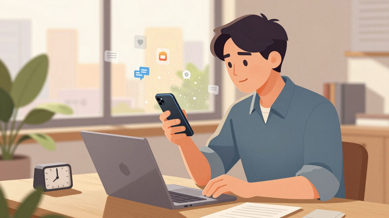 Homem sentado a trabalhar num portátil enquanto consulta o telemóvel num escritório iluminado.