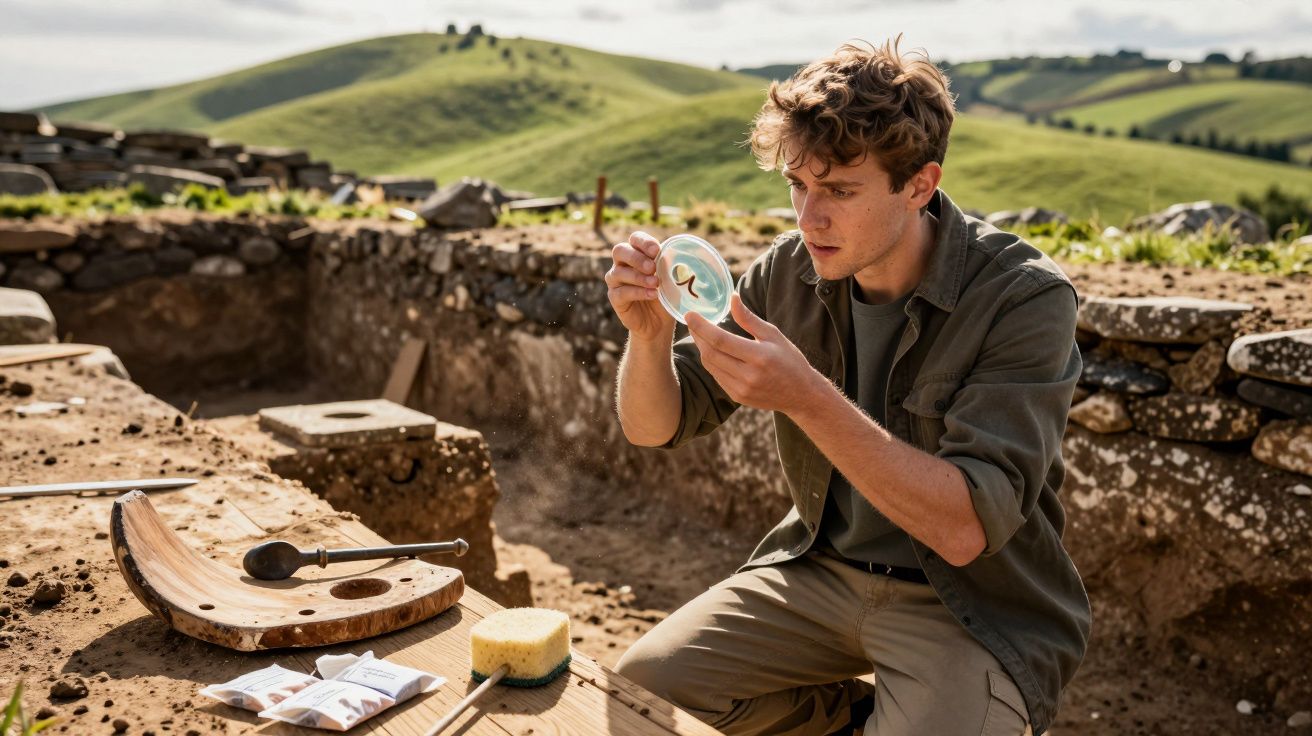 Jovem arqueólogo examina artefato antigo numa escavação arqueológica ao ar livre, com colinas verdes ao fundo.
