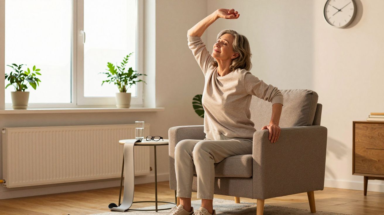 Mulher sénior a alongar o braço sentada numa poltrona num ambiente iluminado com plantas e relógio na parede.