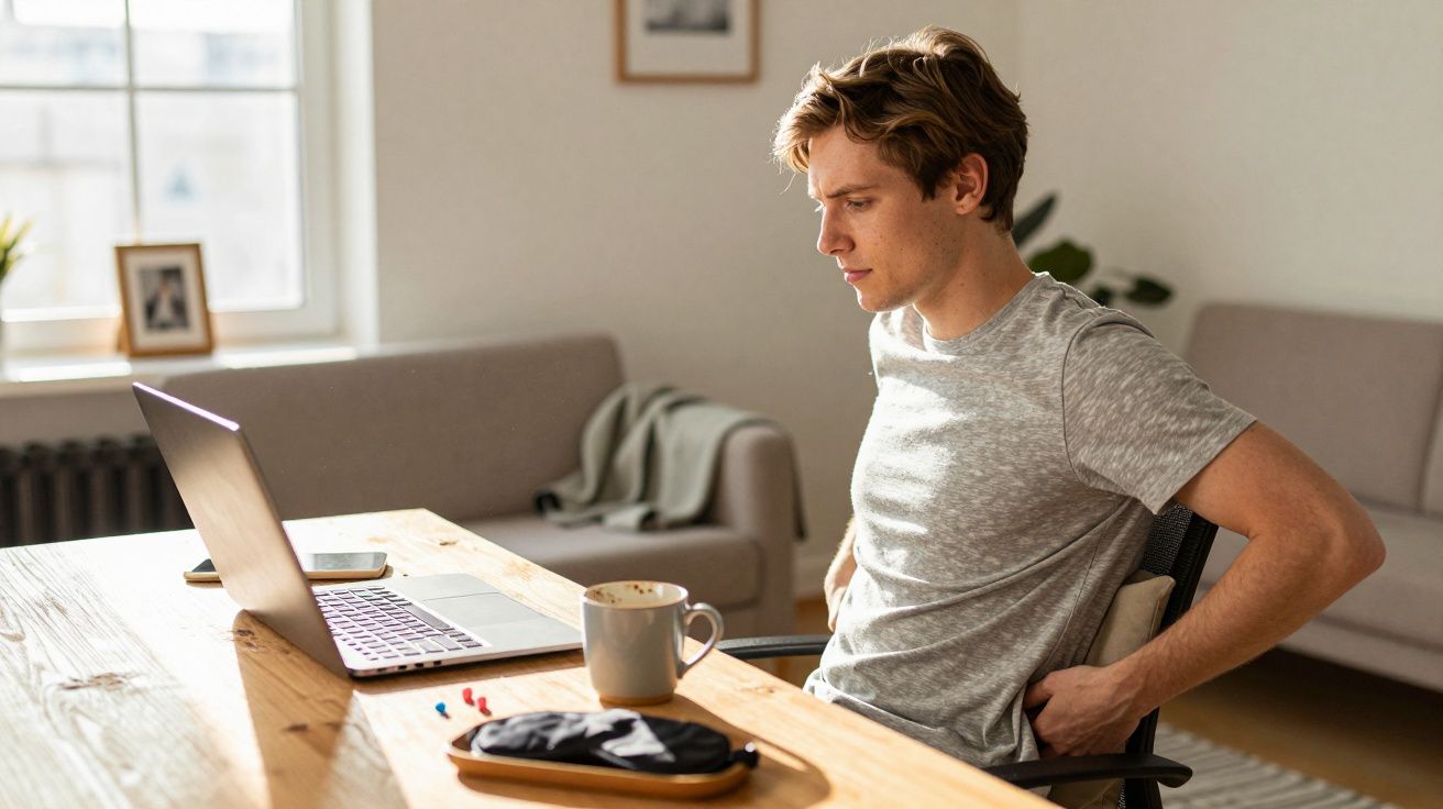 Homem jovem sentado à mesa com laptop, segurando as costas, parecendo desconfortável em casa.
