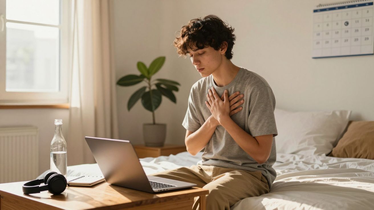 Jovem sentado na cama com as mãos no peito, aparentando desconforto, com computador e garrafa de água à frente.