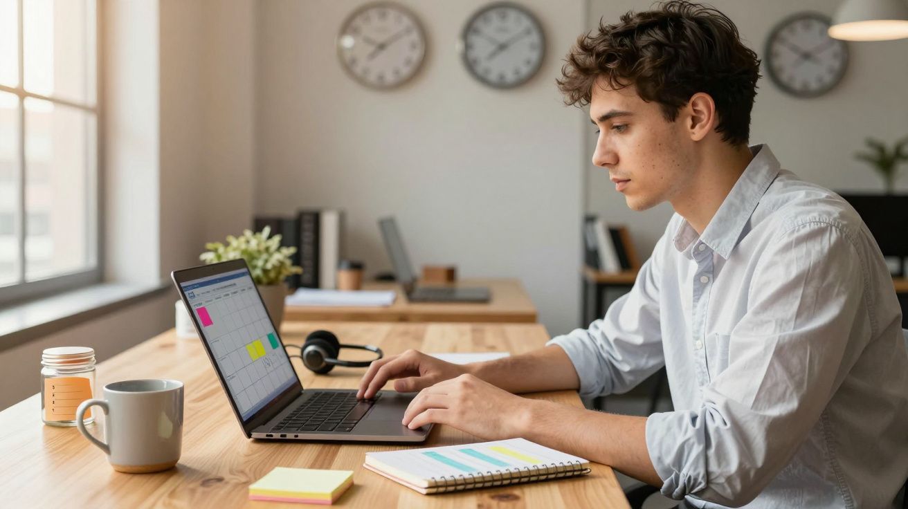 Jovem a trabalhar num portátil numa mesa com agenda, post-its, caneca e auscultadores, escritório iluminado.