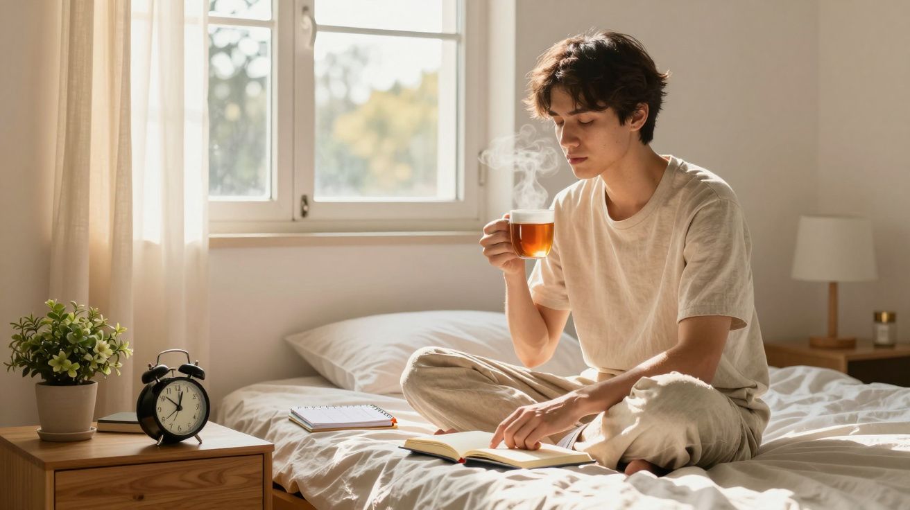 Jovem sentado na cama lendo um livro e a beber chá quente numa manhã iluminada pela janela.