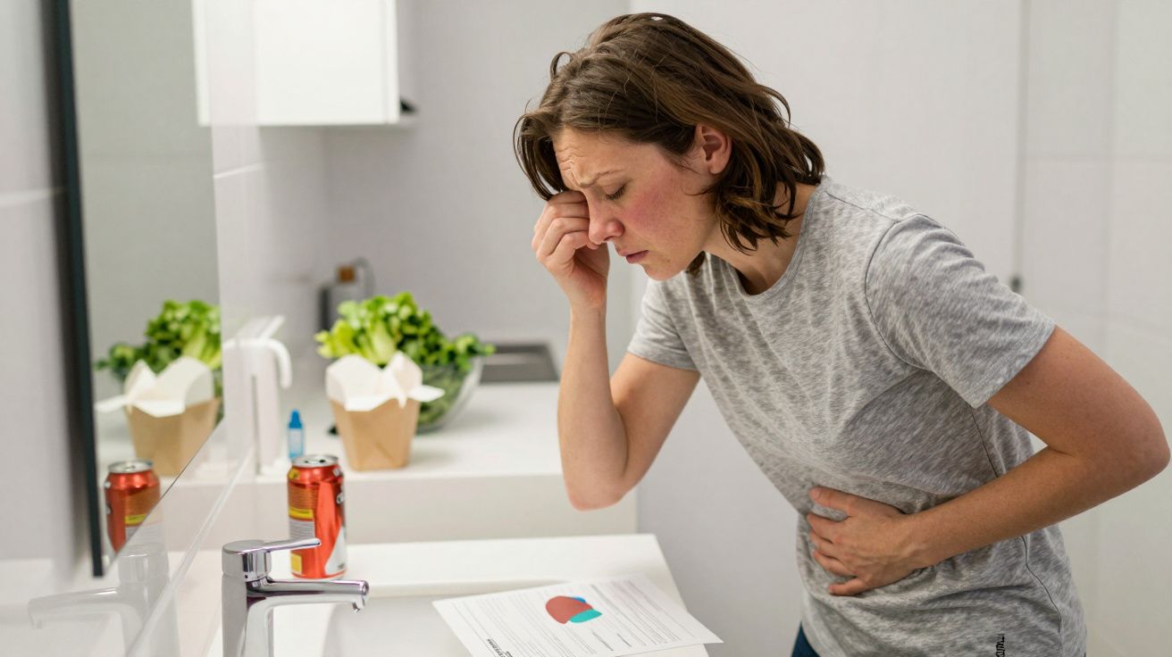 Mulher no lavatório de casa com expressão de dor, segurando o estômago e a face.