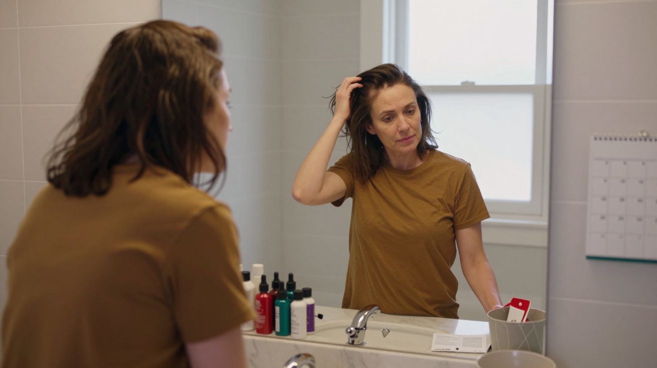 Mulher de camisola castanha a olhar para o espelho da casa de banho, com produtos de cuidados no balcão.