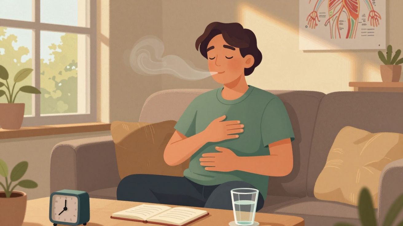 Pessoa sentada no sofá a respirar fundo com mão no peito e no estômago, livro aberto e copo de água na mesa.