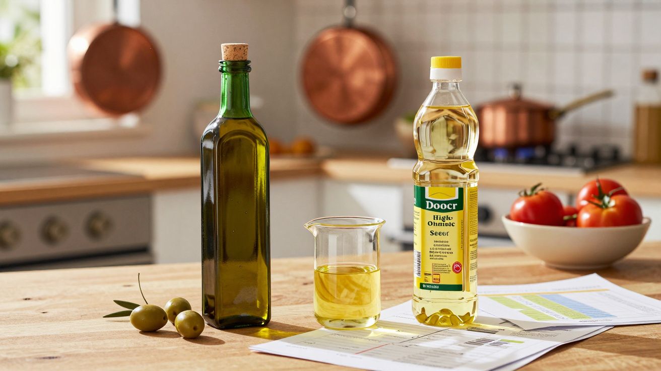 Garrafas de azeite, copo com azeite, azeitonas, e tacho de cobre numa cozinha iluminada a luz natural.