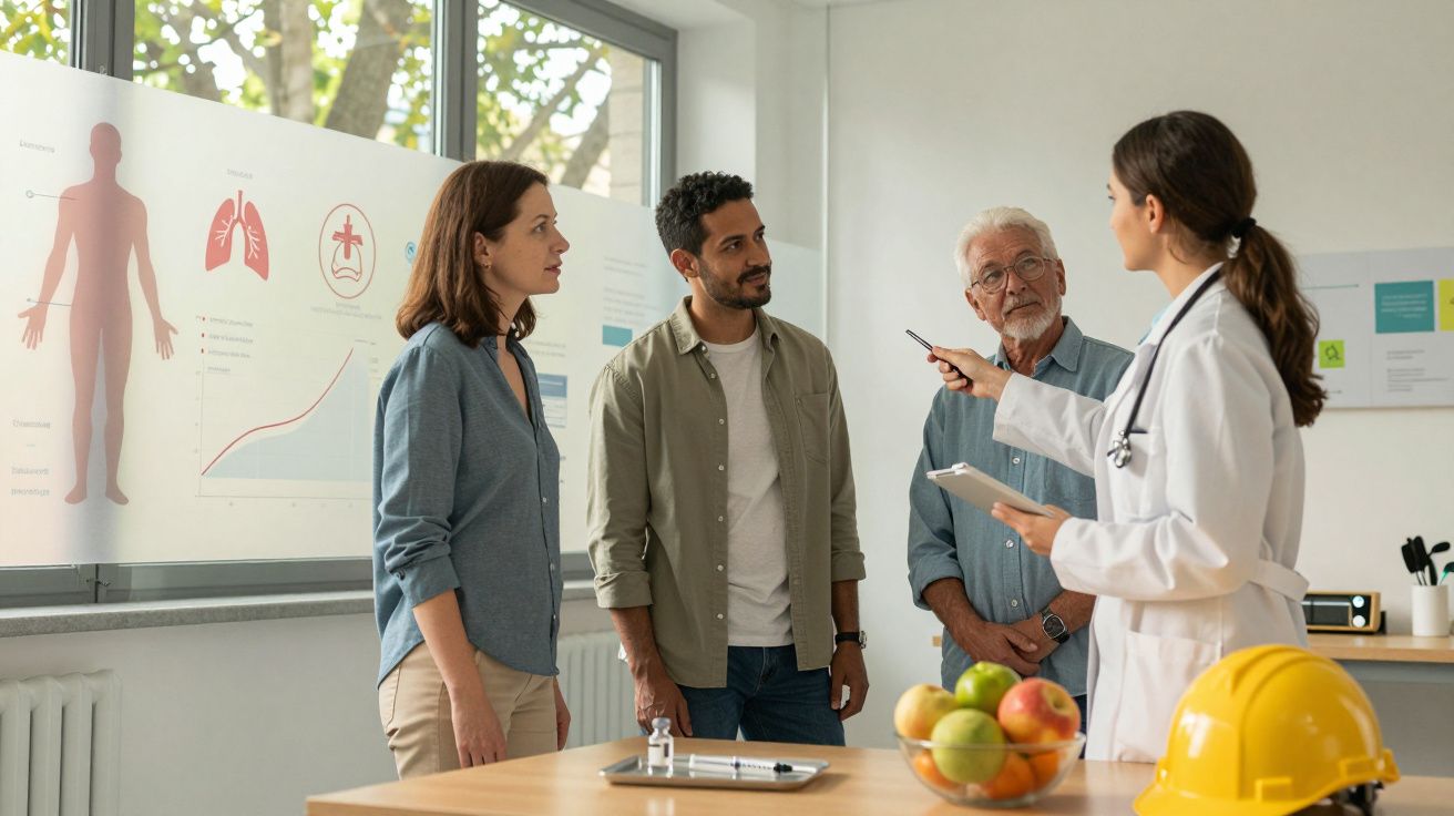 Médica a explicar resultados de saúde a um grupo de três pessoas numa sala iluminada com gráficos no vidro.