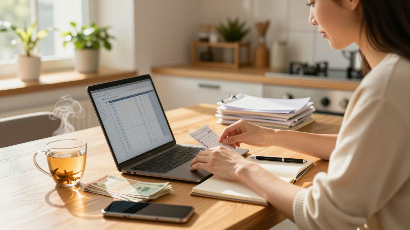 Mulher a trabalhar num portátil em casa, com chá, telemóvel e papéis sobre a mesa de madeira.