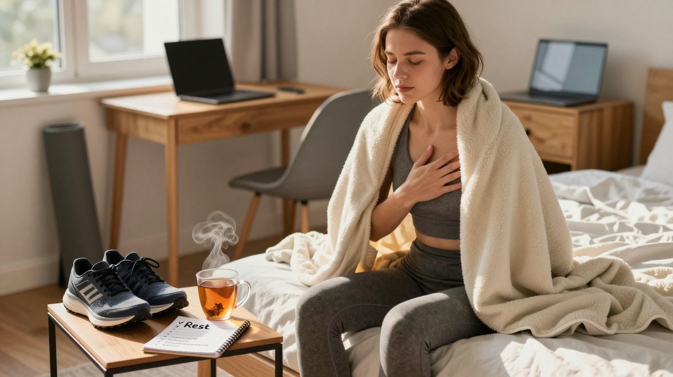 Mulher sentada na cama enrolada numa manta, com expressão de desconforto no peito, perto de chá fumegante e ténis.