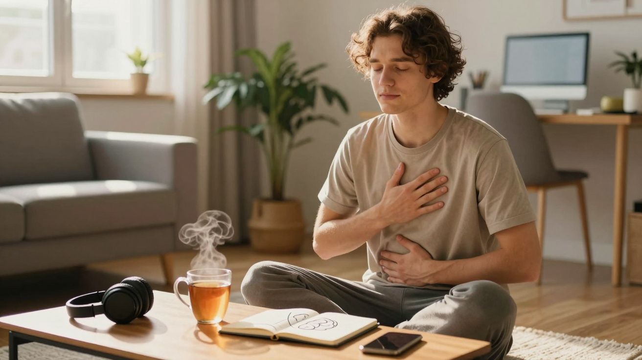 Jovem sentado no chão a praticar meditação com chá quente, livro e auscultadores na mesa à frente.