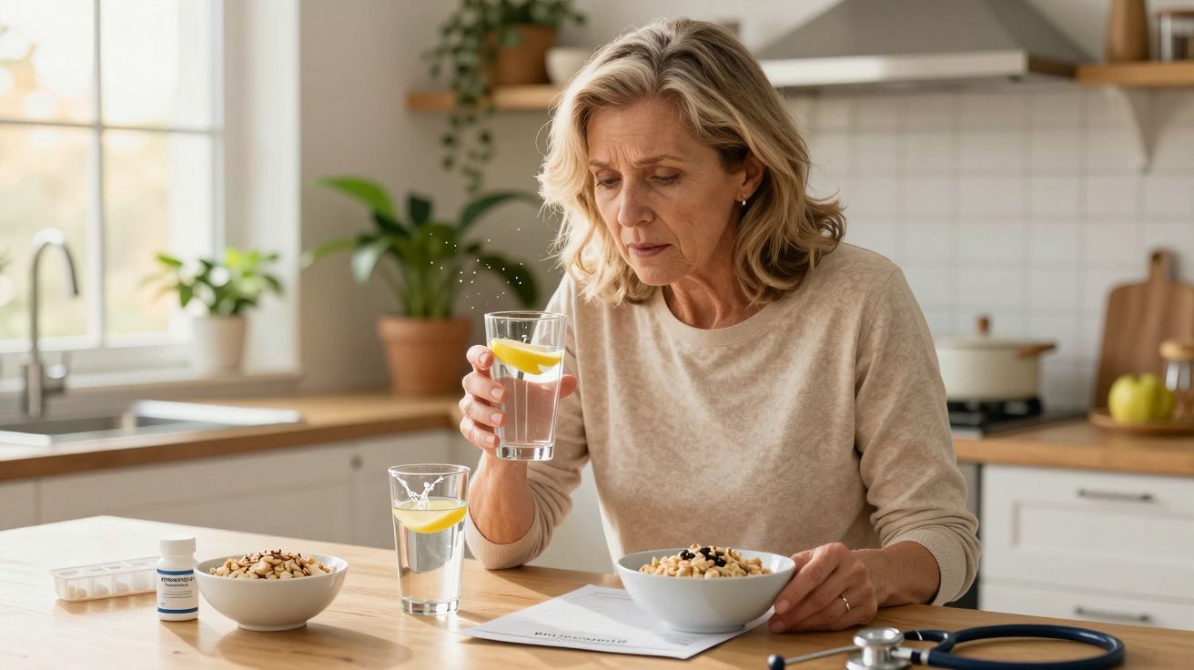 Mulher sentada à mesa na cozinha, segurando um copo de água com limão e olhando para medicamentos.