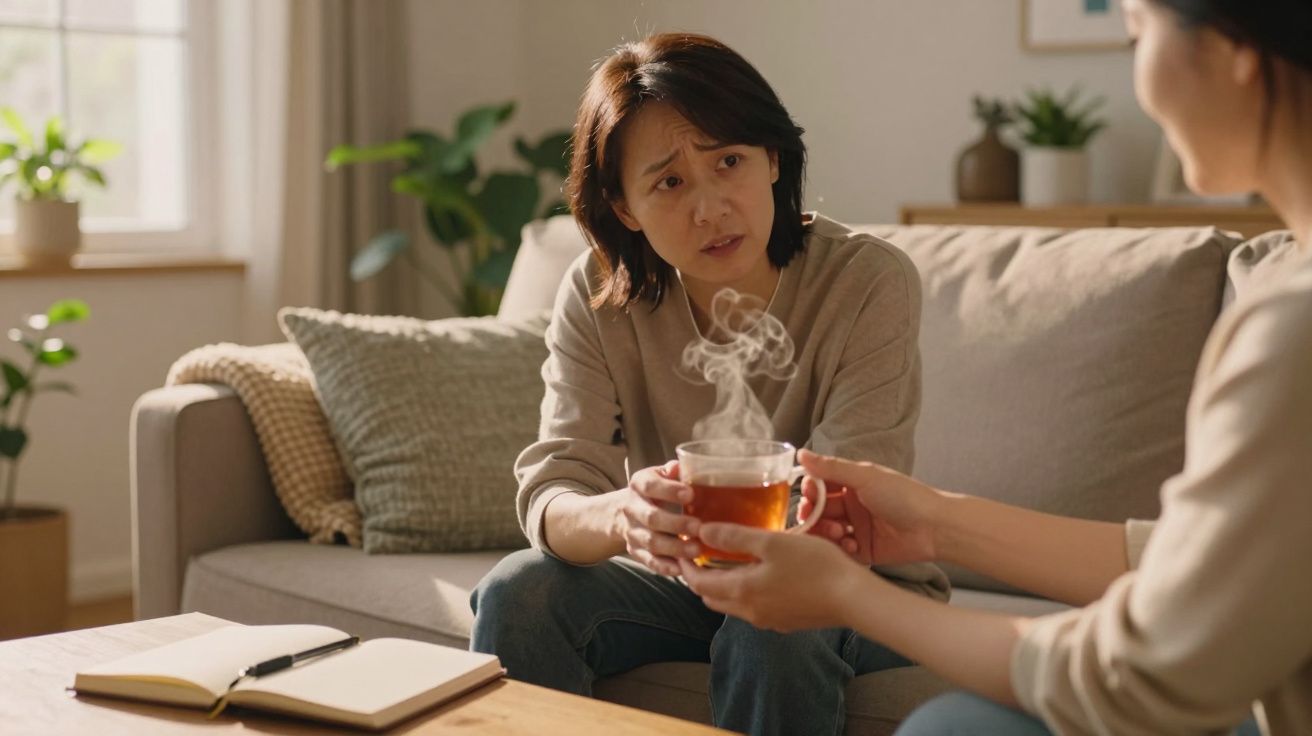 Duas mulheres sentadas numa sala, uma oferece uma chávena de chá quente à outra que parece preocupada.