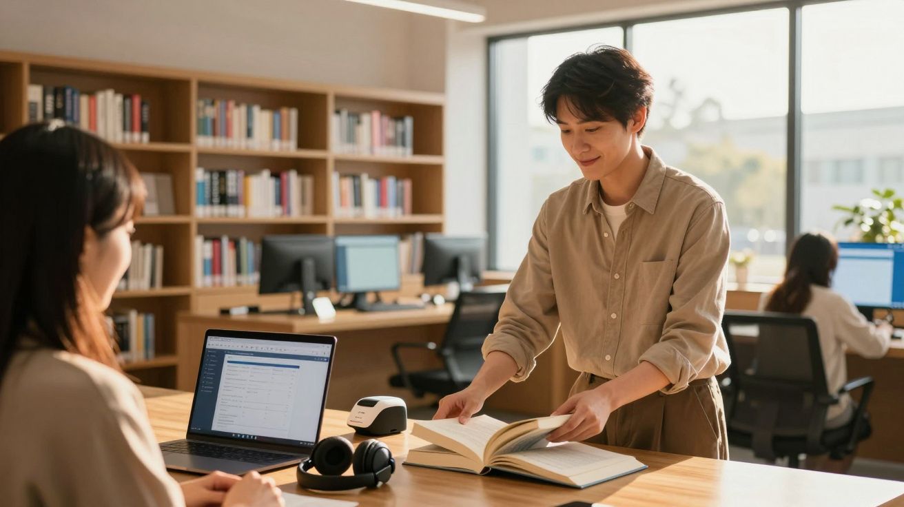 Pessoa jovem a consultar um livro aberto numa biblioteca moderna, com computadores e estantes ao fundo.