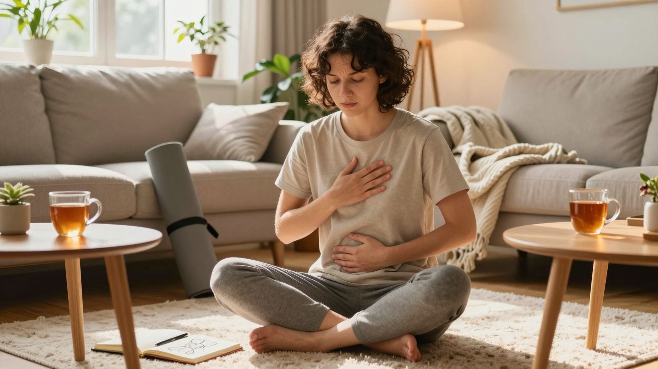 Mulher sentada no chão da sala, com as pernas cruzadas, praticando exercícios de respiração.