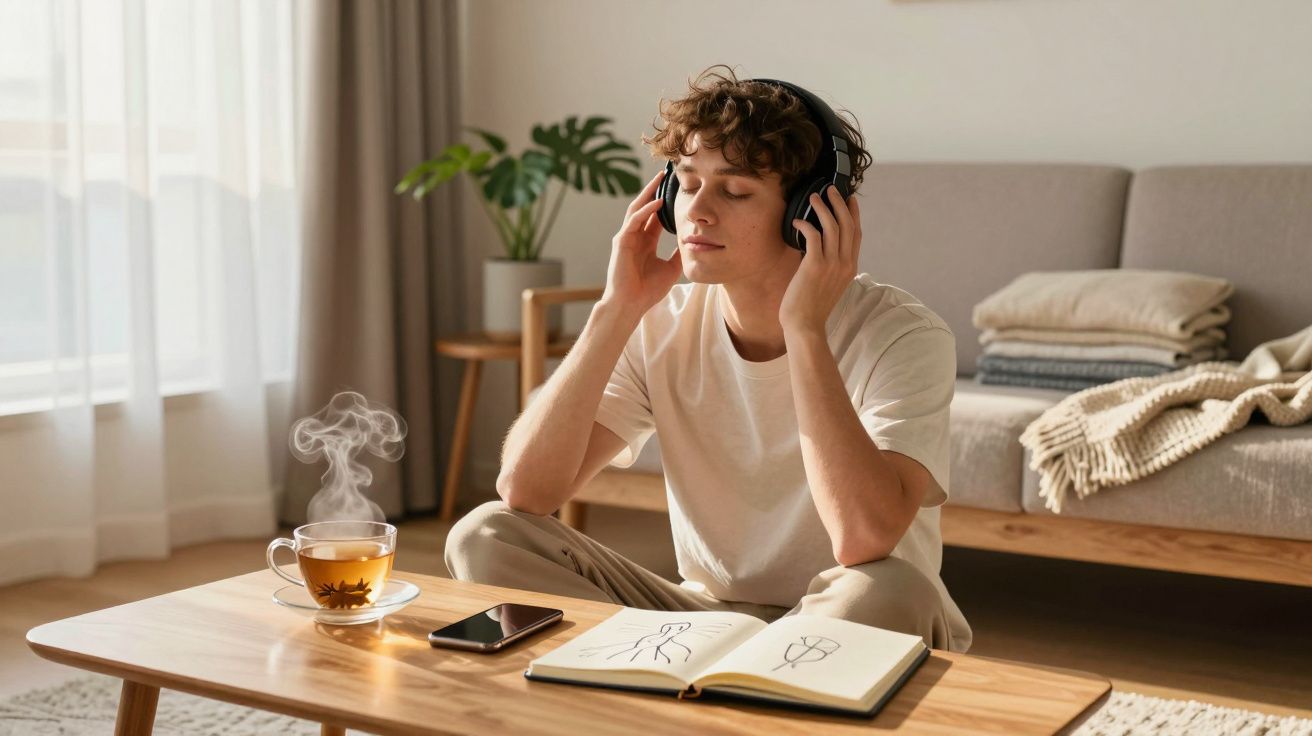 Jovem sentado no chão a ouvir música com auscultadores, ao lado de chá quente e caderno com desenhos numa sala luminosa.