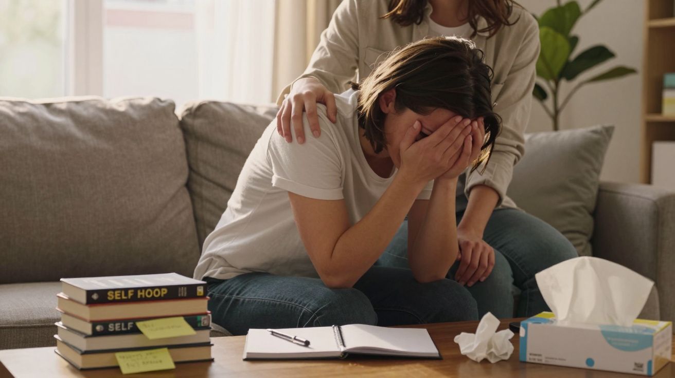 Pessoa triste a ser confortada por outra sentada num sofá, com lenços e livros numa mesa à frente.