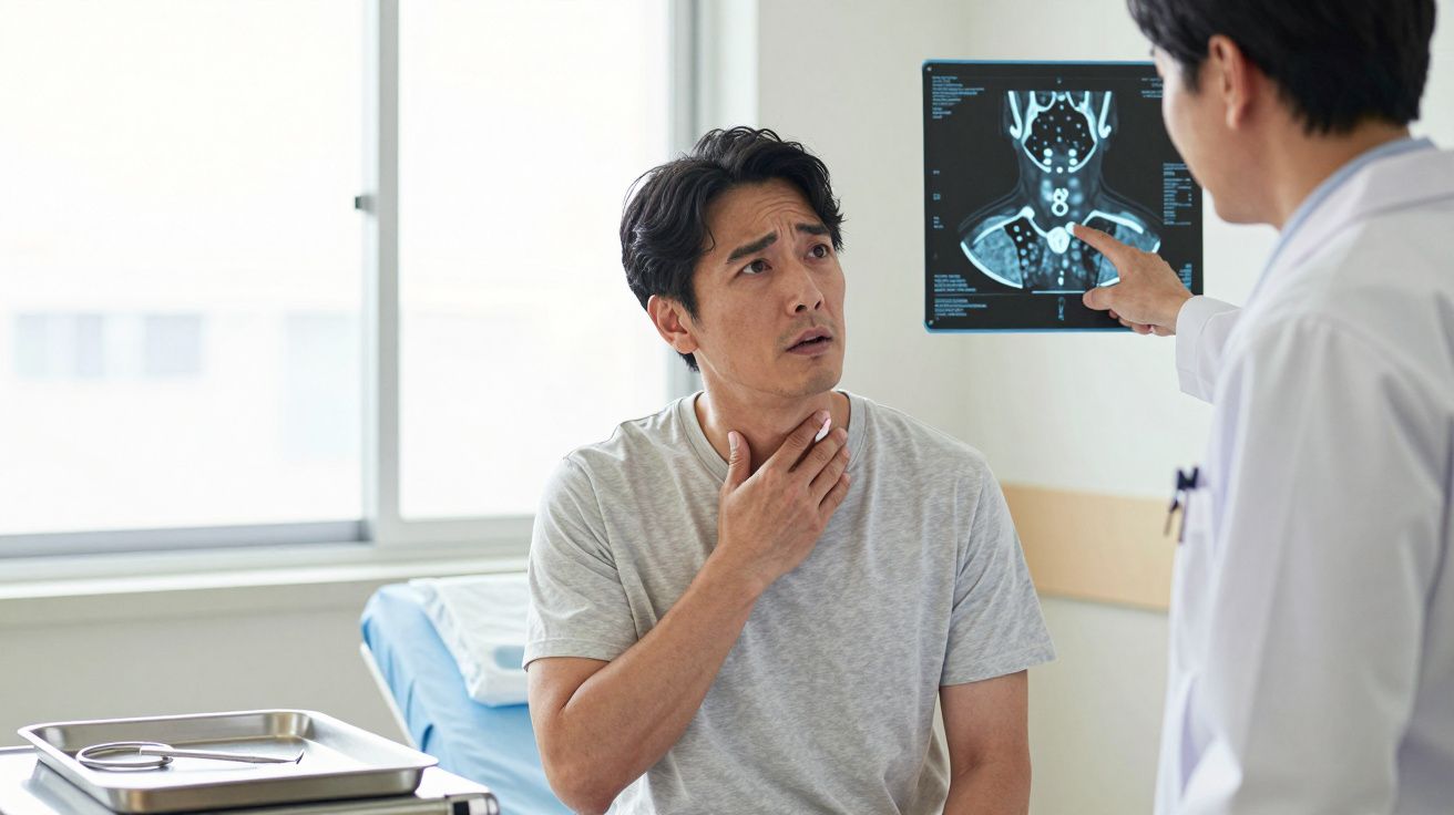 Paciente com dor na garganta consulta médico que explica resultados de radiografia.