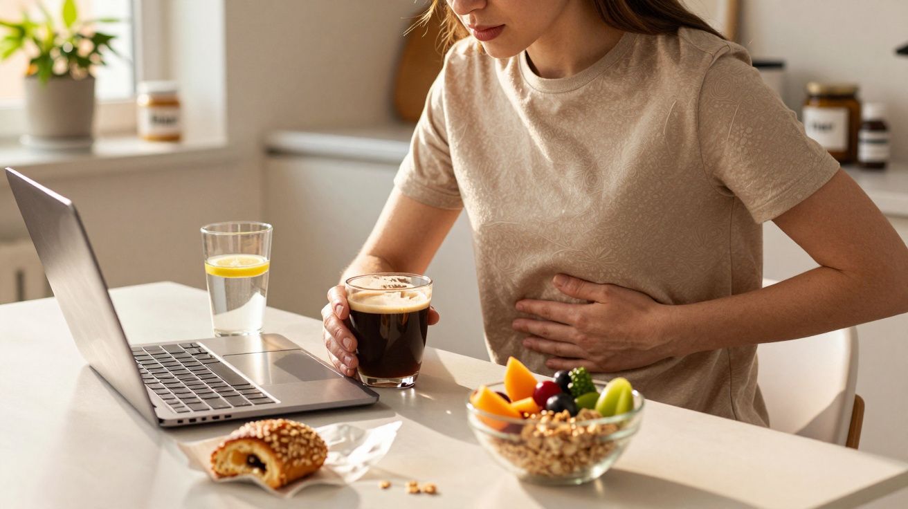 Mulher sentada à mesa com laptop, comida e bebida, segurando a barriga com expressão de desconforto.
