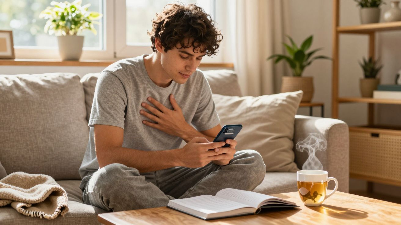 Jovem sentado no sofá a mexer no telemóvel, com livro aberto e chá a fumegar na mesa de madeira.