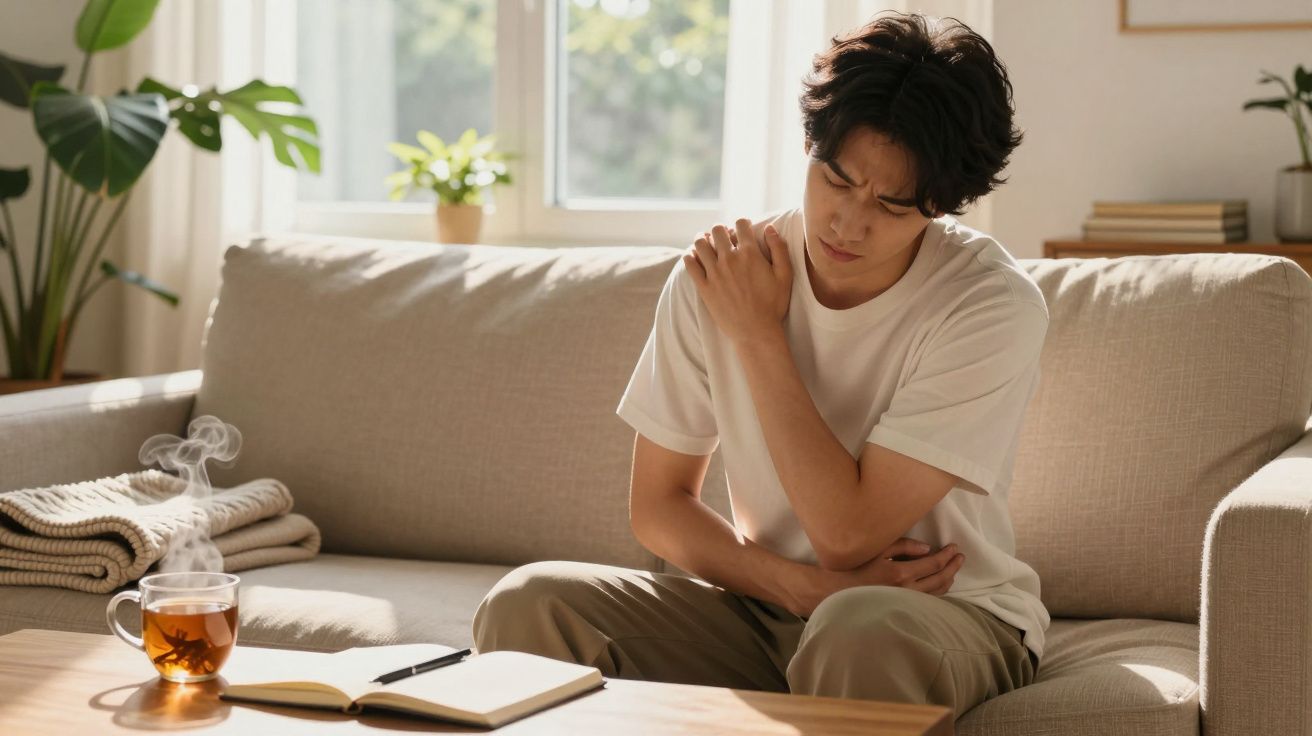 Jovem sentado no sofá a segurar o ombro com expressão de dor, chá quente e caderno numa mesa à frente.